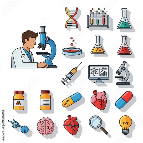 Fototapeta Scientist Examining Specimen Under Blue Microscope with Medical Icons.