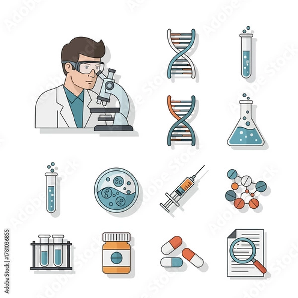 Obraz Scientist in lab coat with microscope, DNA, test tubes, syringe, pills, and document.