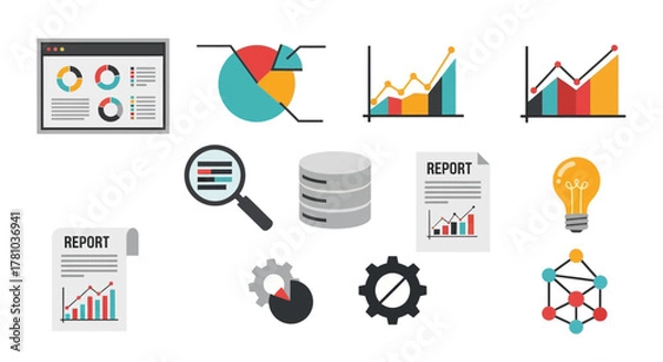 Obraz Set of modern flat design business icons for data analysis, including charts, graphs, reports, databases, and analytics symbols.