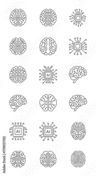 Fototapeta Set of thin line art icons for artificial intelligence, featuring human brains, microchips, and digital circuits.