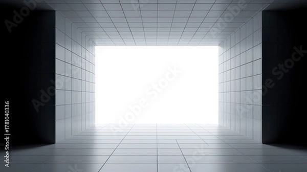 Fototapeta Futuristic white tiled corridor with large square window opening, geometric perspective, clean modern interior, minimalistic design, bright lighting, and empty space for creative concepts