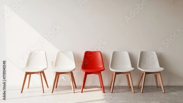 Fototapeta A minimalist setting features five chairs, four in white and one in bold red, arranged against a neutral wall, highlighting color contrast and modern design.