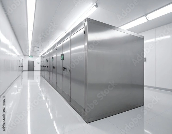 Obraz Clean modern sterile laboratory hallway with stainless steel storage units and bright overhead lighting