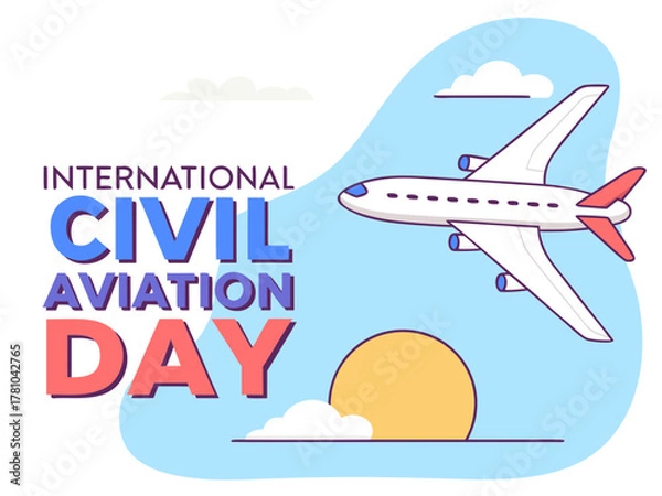 Fototapeta International Civil Aviation Day Celebration with Airplane and Sun in Vector Illustration Style vector