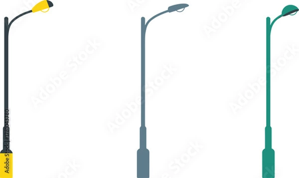 Fototapeta Minimalist vector illustration of three modern street lamps in yellow, gray, and green color, isolated on light background, urban design