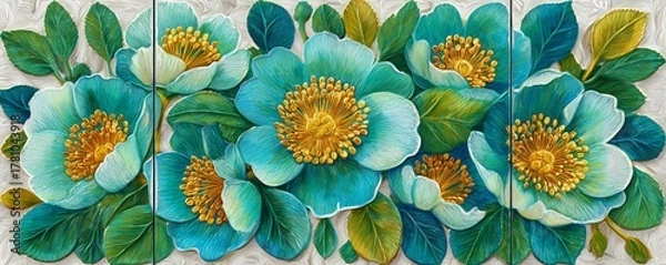 Fototapeta a set of handpainted tiles clipart, artisanal decor element, photorealistic ceramic texture, mosaic pattern, isolated on white background