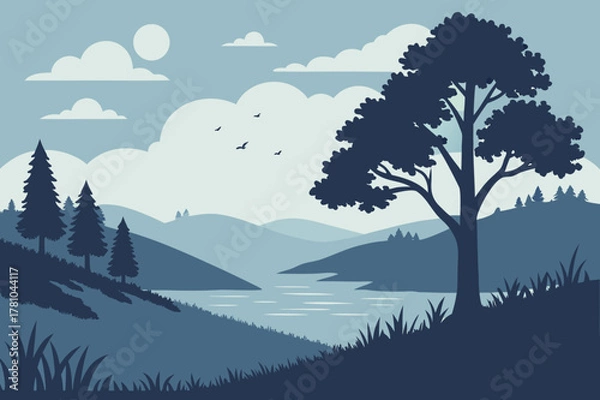 Fototapeta Large Tree Silhouette on Hill with Layered Mountain Landscape Vector - Duotone Graphic