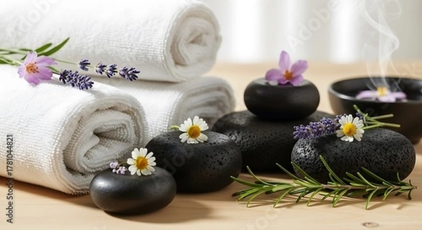 Fototapeta Spa still life with hot stones, towels, and flowers for relaxation and wellness.