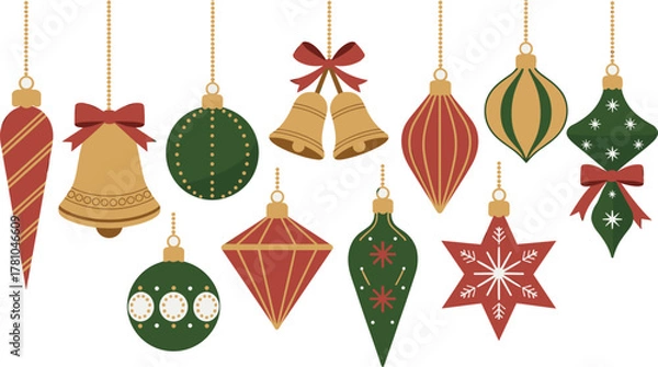 Fototapeta Set of vintage Christmas ornaments with bells, stars, and baubles, festive red and green holiday decoration vector illustration design