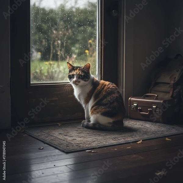 Fototapeta Calico cat sits indoors near window during a rainy afternoon