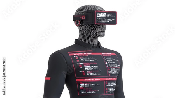 Fototapeta Virtual reality headset, futuristic suit, digital interface, and wireframe human figure with glowing red accents, representing advanced technology and immersive experience