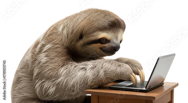 Fototapeta Sloth using a laptop typing on the keyboard isolated PNG with Transparent Background