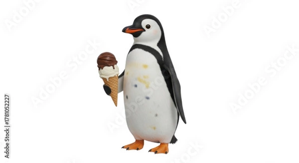 Fototapeta Penguin toy figure holding an ice cream cone isolated PNG with Transparent Background