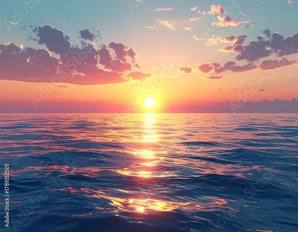 Fototapeta Calm ocean reflects vibrant sunset colors with fluffy clouds above