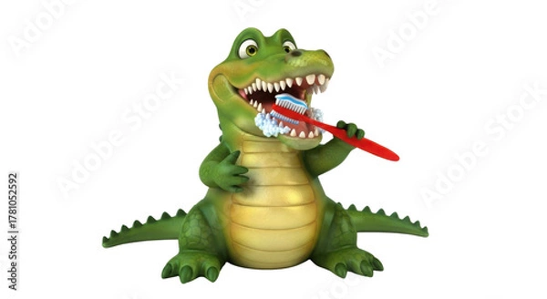 Fototapeta Alligator brushing teeth with a toothbrush and toothpaste isolated PNG with Transparent Background
