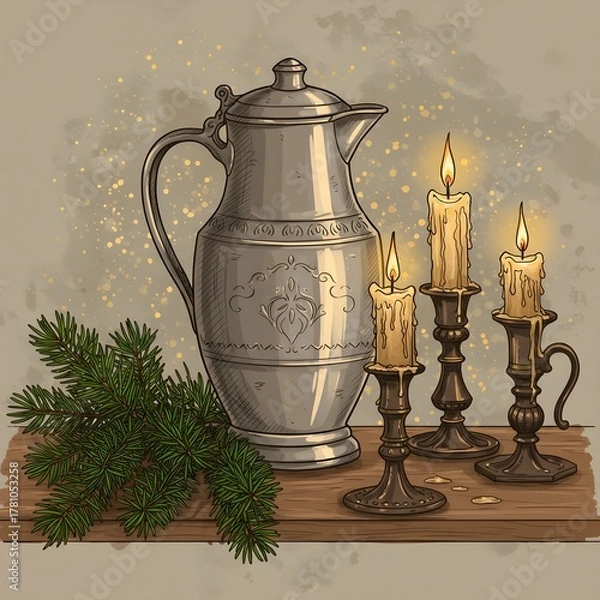 Fototapeta Elegant Christmas still life with a silver pitcher and glowing candles, evoking a cozy holiday ambiance.