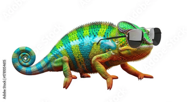Fototapeta Cool colorful chameleon wearing sunglasses isolated PNG with Transparent Background