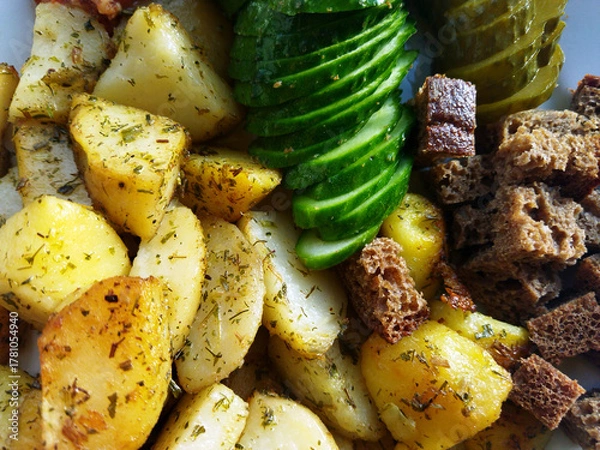 Fototapeta Freshly prepared roasted potatoes with vegetables and bread