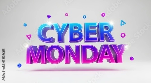 Fototapeta Cyber Monday Sale with Colorful 3D Text and Geometric Shapes on White Background