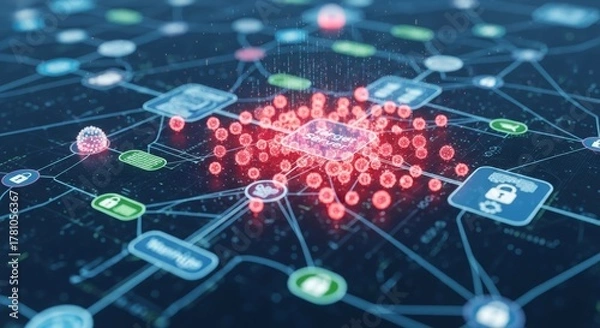 Fototapeta Cybersecurity Network with Warning Signals Displayed as a Digital Network Security Concept
