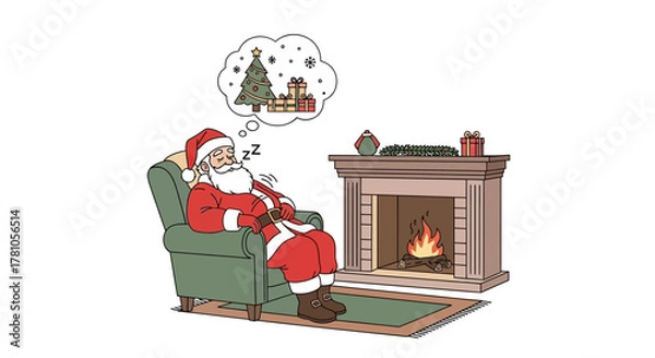 Fototapeta Santa Claus dreaming of Christmas presents and tree near cozy fireplace, resting after delivering gifts to children around the world on Christmas Eve