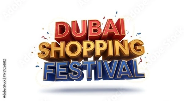 Fototapeta Dubai Shopping Festival 3D Text Celebration with Confetti, Perfect for Events and Promotions