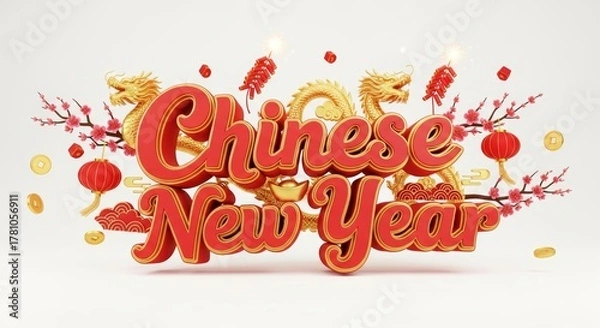 Fototapeta Festive Chinese New Year 3D Text with Dragons and Lanterns.