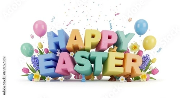Fototapeta Colorful Happy Easter 3D Rendered Text with Festive Balloons and Spring Flowers on a Clean White Background, symbolizing joy and celebration for the holiday