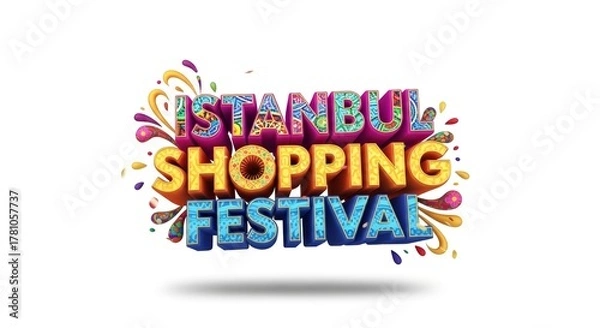 Fototapeta Vibrant and Festive Three-Dimensional Text Graphic with Playful Confetti and Colorful Splashes, Ideal for a Grand Promotional Celebration