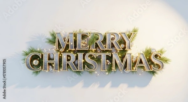 Fototapeta Merry Christmas Greeting with Metallic Lettering Pine Branches and String Lights on a White Background
