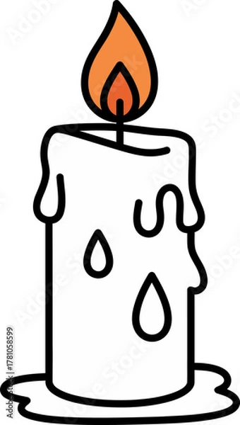 Fototapeta Simple cartoon illustration of a lit white candle with melting wax dripping down its sides and pooling at the base.