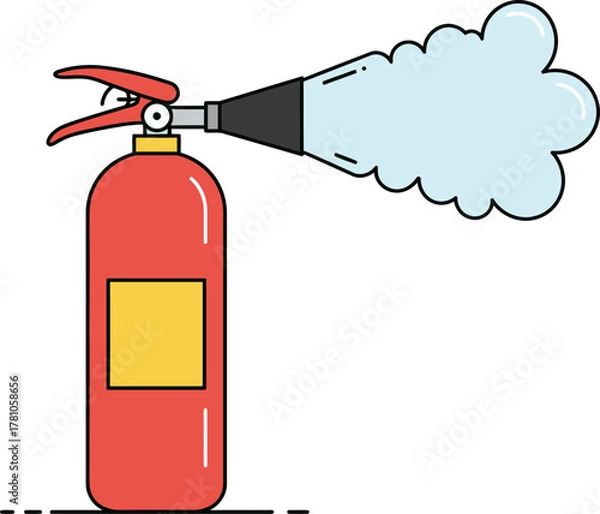 Fototapeta Emergency fire safety equipment, a red extinguisher spraying a cloud of foam for fire protection and prevention