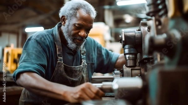 Obraz Craftsman works diligently in workshop using machinery and tools