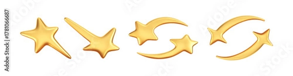 Fototapeta 3D gold star icon set in futuristic isolated on white background. Glossy golden cyber star for Christmas and New Year decoration, galaxy emoji with falling star, bling, spark. 3D realistic y2k vector