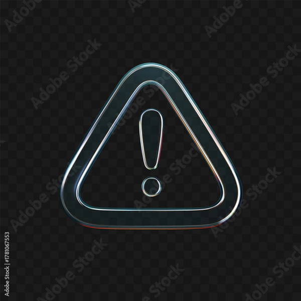 Fototapeta 3D glass warning icon with holographic neon gradient glow isolated on dark bg. Render of liquid glass triangle attention sign. Transparent caution mark for danger, exclamation and hazard. 3D vector
