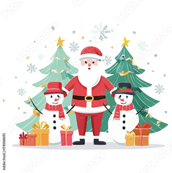 Fototapeta Santa Claus with a Christmas tree and snowmen vector illustration