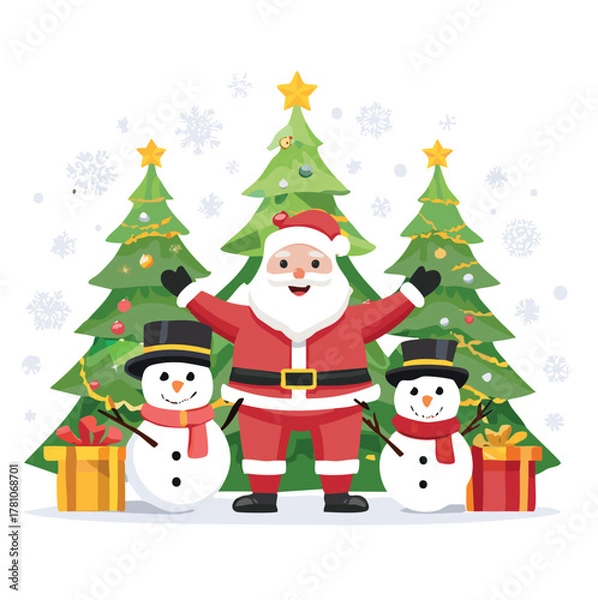 Fototapeta Santa Claus with a Christmas tree and snowmen vector illustration
