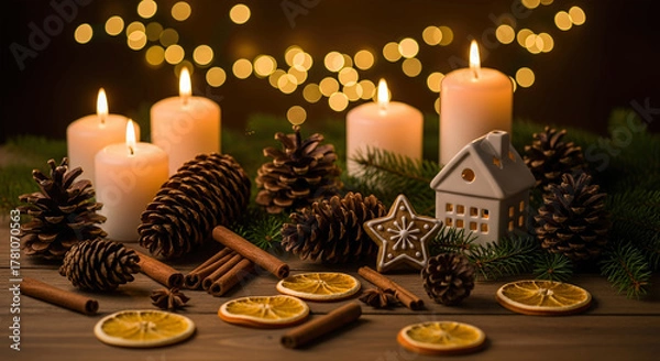 Obraz Candles with pine cones and cinnamon sticks on wood surface. Close up festive arrangement with warm, inviting mood. Holiday atmosphere, cozy winter.