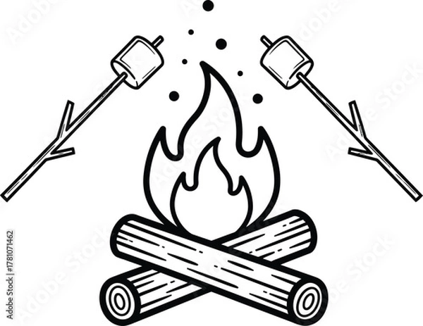 Fototapeta Hand drawn illustration of a campfire with two marshmallows roasting on sticks, representing outdoor activity and camping.
