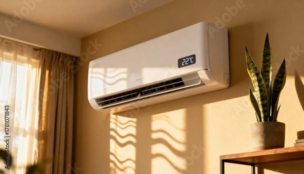 Fototapeta Modern air conditioner on a wall in a cozy home interior. Climate control system set to 22 degrees for comfort. Cooling and heating appliance with natural sunlight