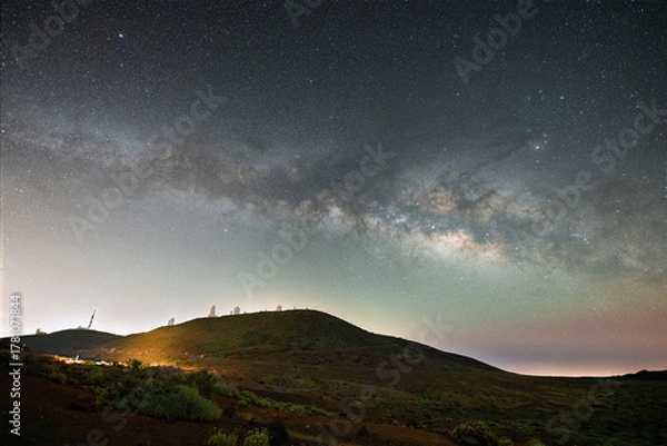 Obraz Stunning night sky over Mount Teide in Tenerife, Canary Islands. The Milky Way arches across the sky above the volcanic landscape of Teide National Park. A breathtaking astrophotography scene perfect 