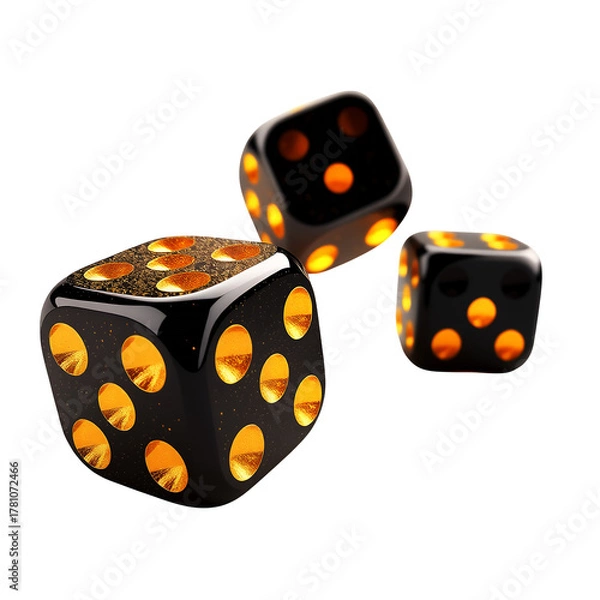 Fototapeta Three Black Dice With Glowing Orange Pips And Glitter Particles Float On A Transparent Background