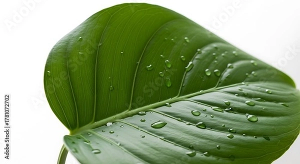 Obraz Lush green leaf with fresh water droplets on a white background