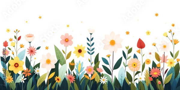 Obraz Diverse Collection Of Blooming Wildflowers And Green Foliage Against A Transparent Background