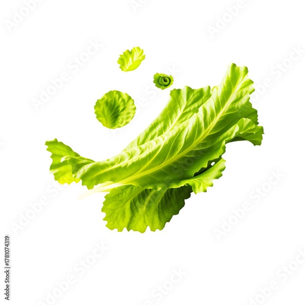 Fototapeta Bright Green Lettuce Leaves And Small Detached Pieces Floating Against A Transparent Background