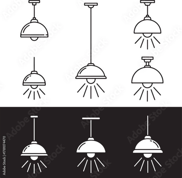 Fototapeta Pendant Lamp Icon Set Interior Lighting Fixtures Black and White Design