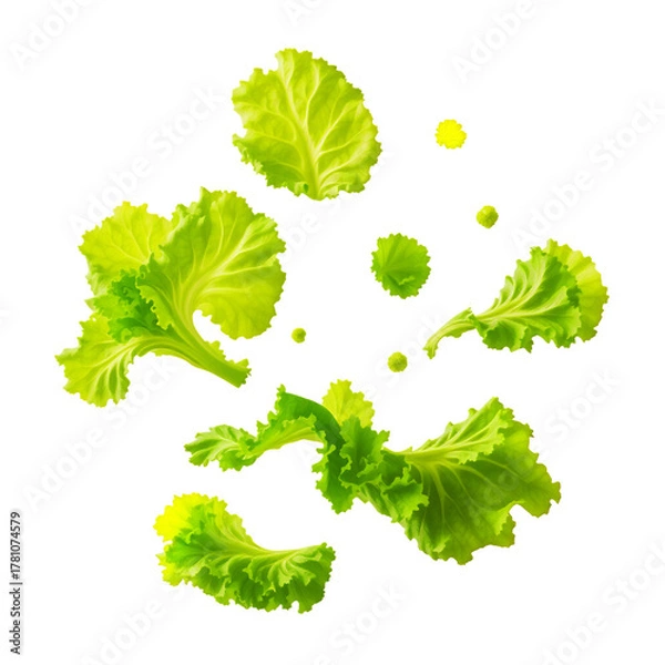 Fototapeta Fresh Green Lettuce Leaves Scattered Against A Transparent Background With Some Water Droplets