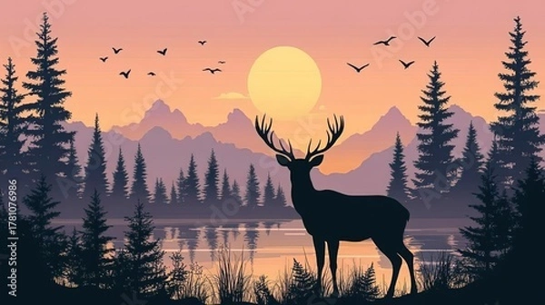 Fototapeta Silhouette of Stag by Lake at Sunset with Mountain and Pine Forest Background