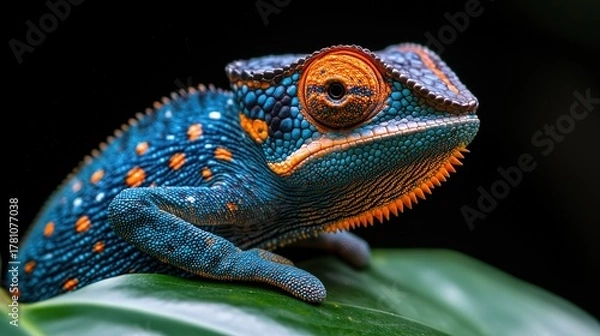 Fototapeta Close - up of a Colorful Chameleon with Blue and Orange Patterns on a Green Leaf