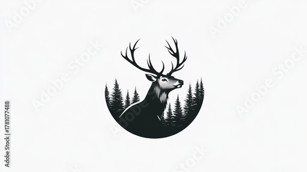 Fototapeta Stag Head Silhouette with Pine Trees in Circular Design